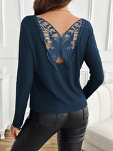 Lace Detail Butterfly Back Round Neck Long Sleeve T-Shirt OutfitFlow